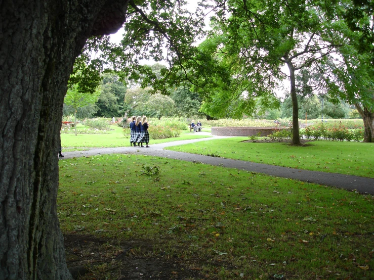 two people are walking around an open park