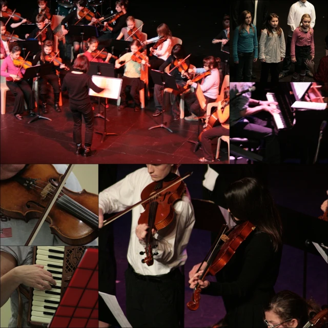 a group of women with violin on stage