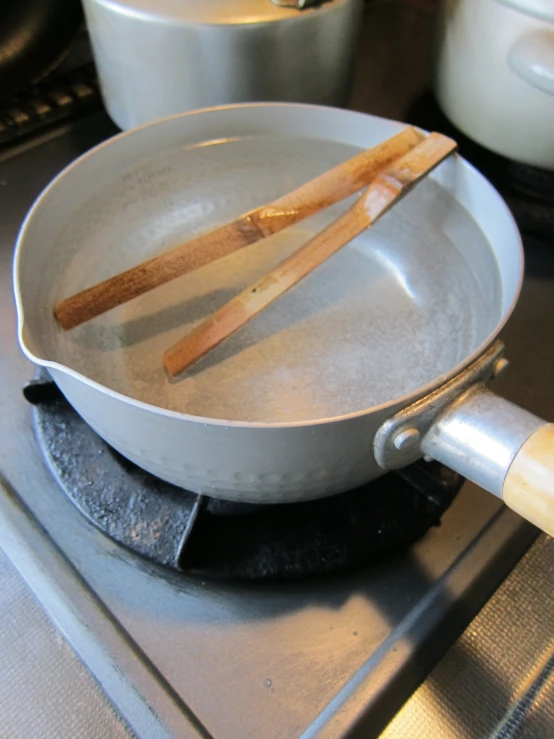 an over head view of two wooden spoons in a pan