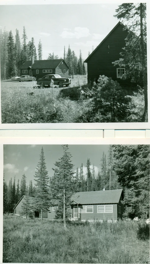 two black and white pos of a cabin and trees