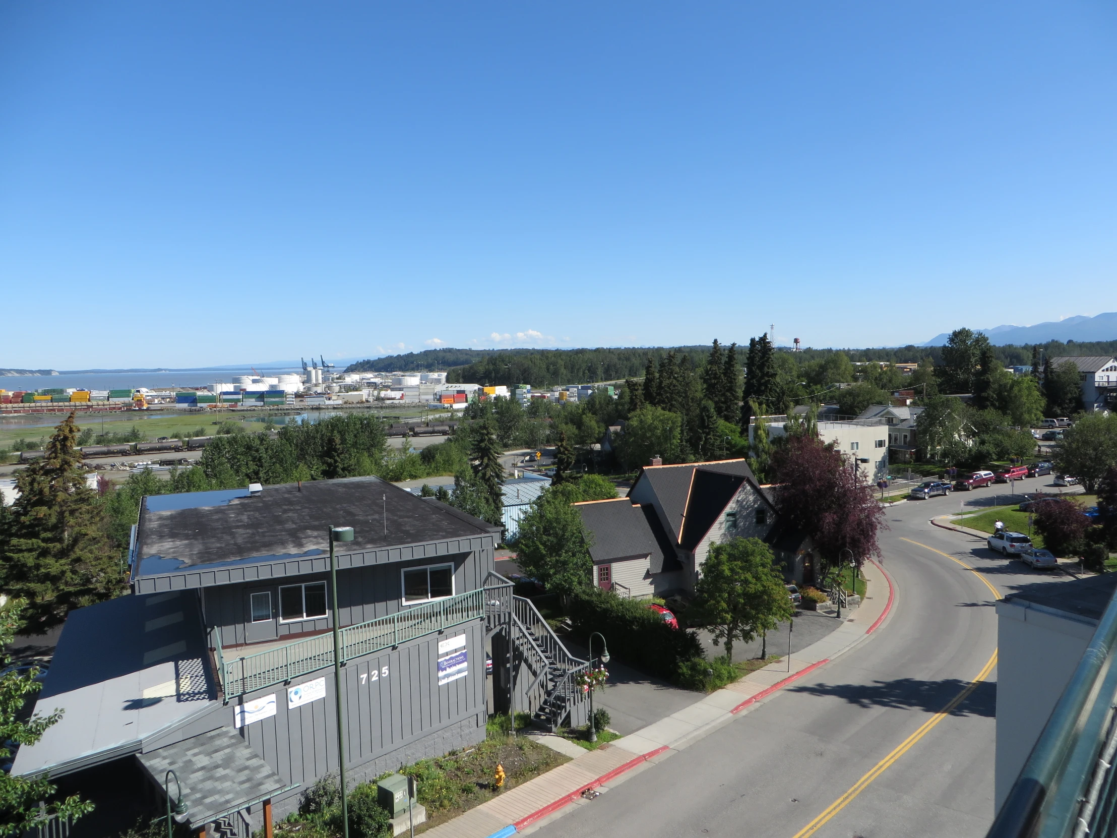 a street view from the top of a building