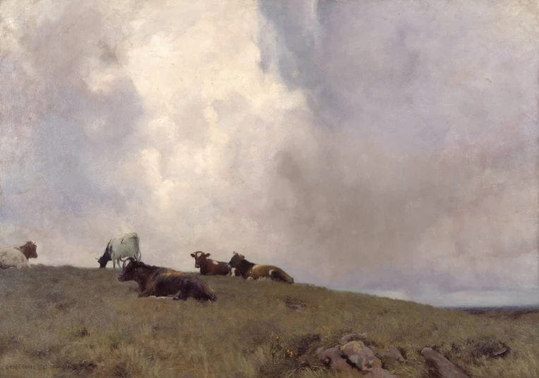 a painting of cows in the distance sitting in a pasture with other animals nearby