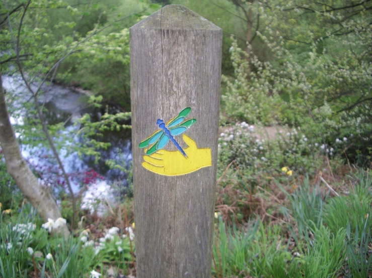 a picture of a dragonfly on the sticker of a wooden post