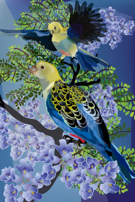 three birds are sitting in a tree surrounded by blue flowers