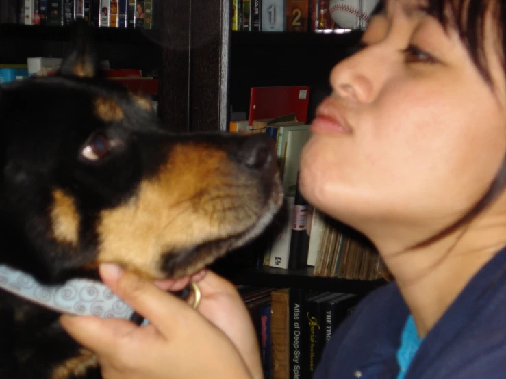 a woman holding onto a small black and brown dog's head