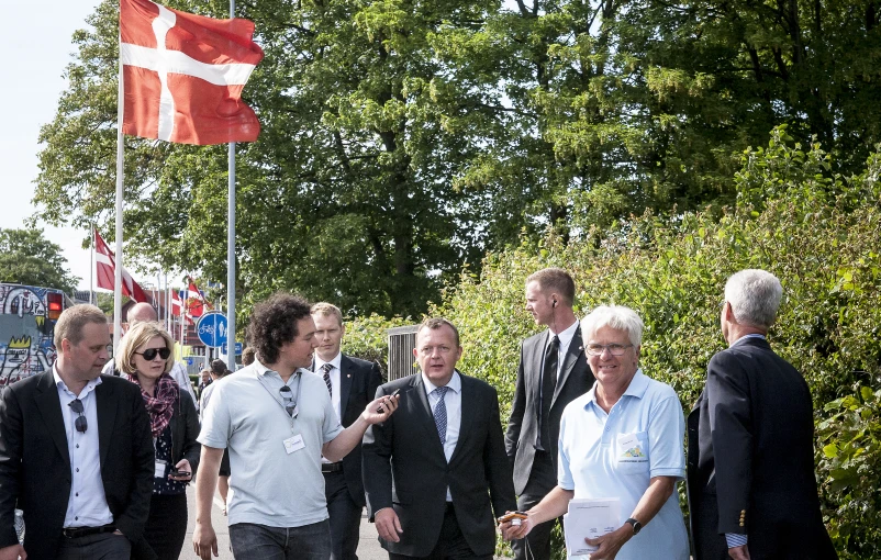 several people walking together under a danish flag