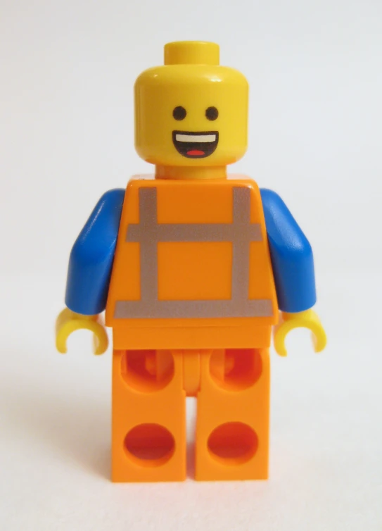 a lego man wearing an orange and blue outfit