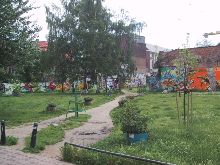 a dirt path near trees covered with graffiti