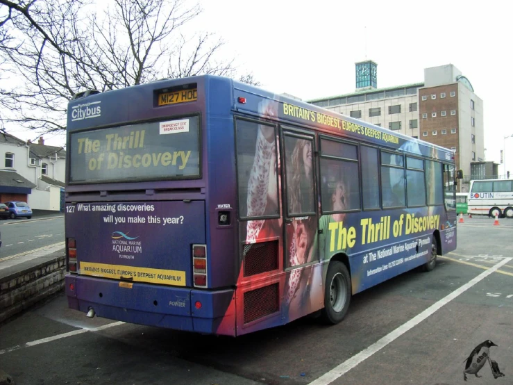 the city bus is traveling down the street