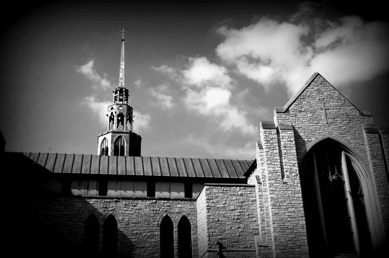 this church has a steeple that reads faith