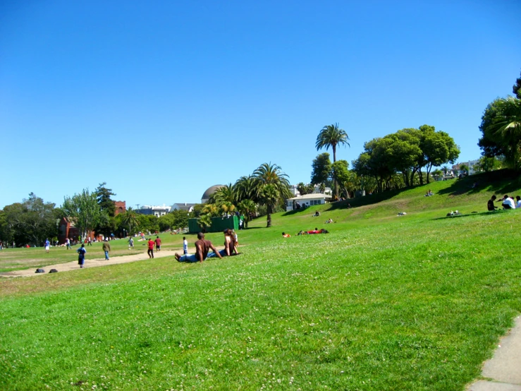 a number of people on grass with buildings in the background