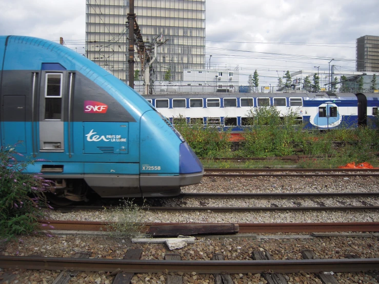 a blue train sits on the train tracks