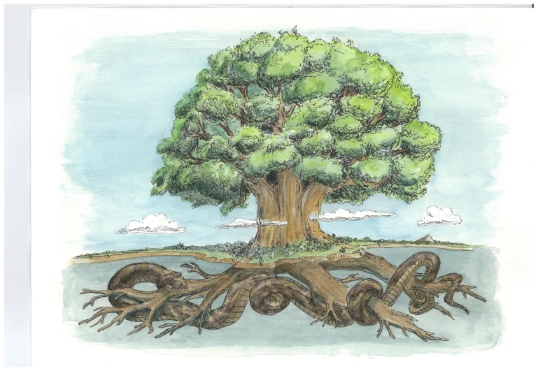 a drawing of a tree on a piece of land