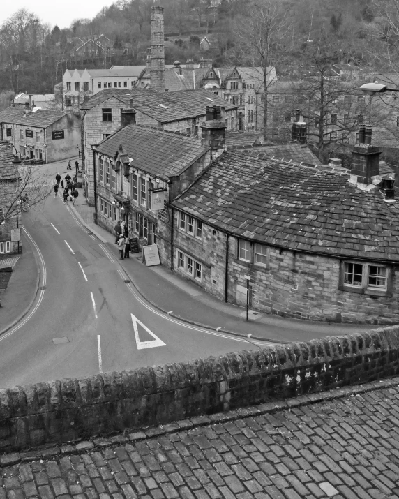 a vintage black and white view of a town