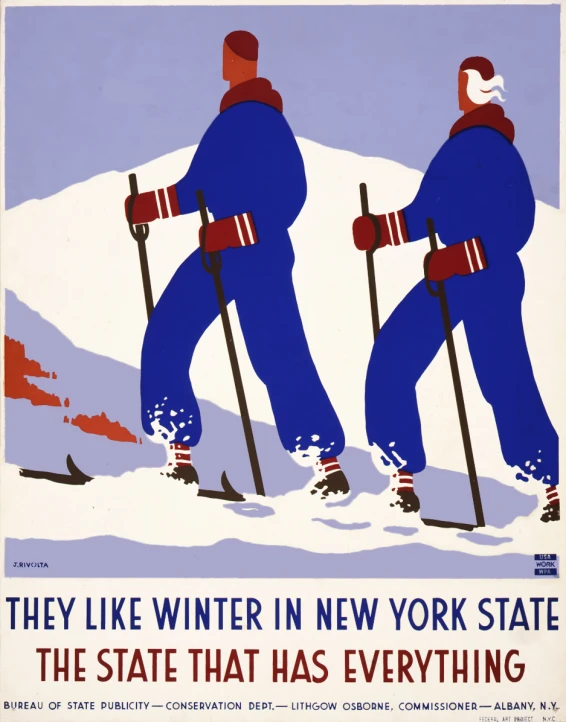 a vintage ski poster featuring two skiers going down a snowy slope