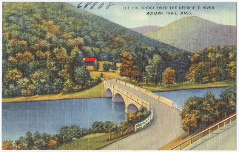 a colorful image of an old bridge over a body of water