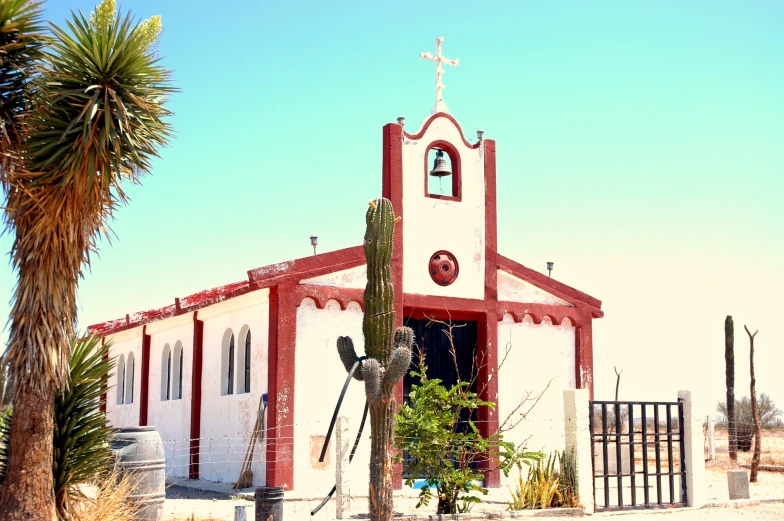 an old church with cactus in front