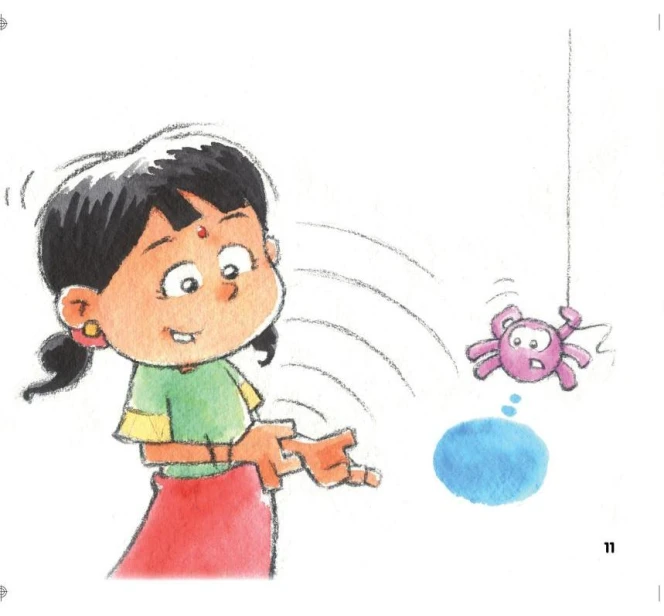 a drawing depicting a girl holding a bat and a spider hanging on the rope