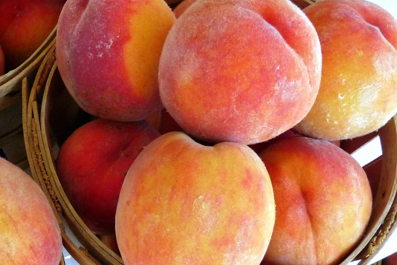 a close up of many peaches in basket