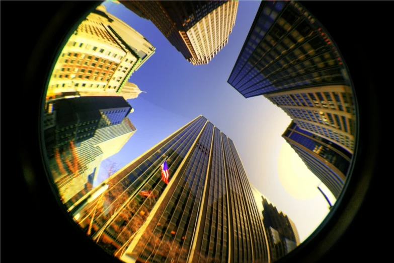 a round view of some buildings in the city