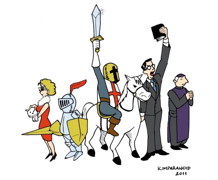 cartoon of men and women with one another holding up a sword