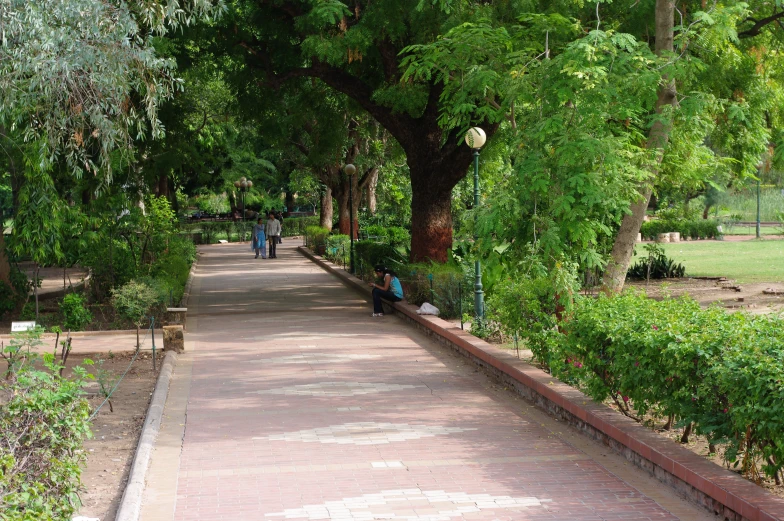 two people walk down a brick walkway in a park