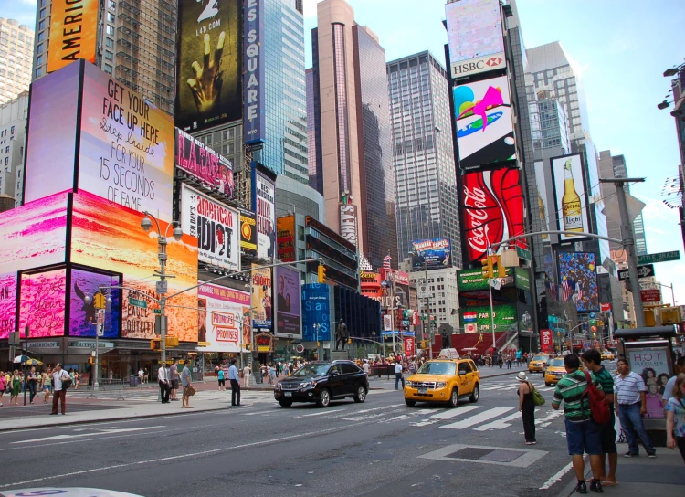 large multicolored billboards on the city street