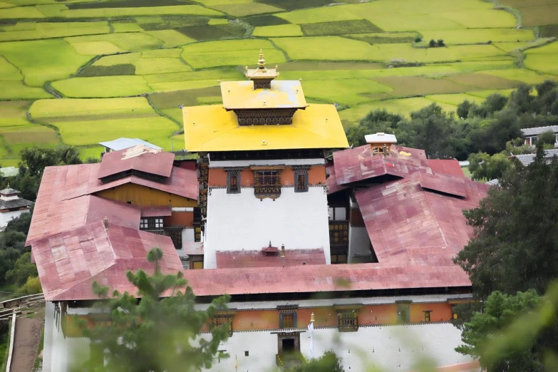 the roof top of an old building in a village