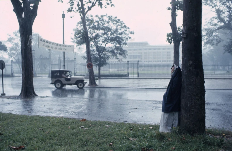 an old car sitting behind trees in the rain