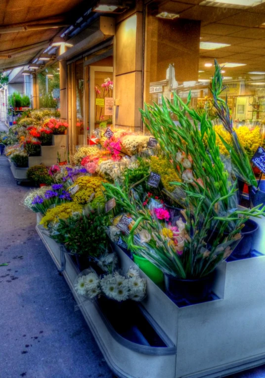 a variety of flowers are being sold in a shop