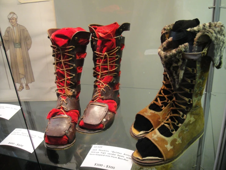 a display case showing shoes of different colors and sizes