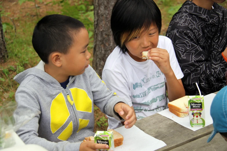 children eating lunch at a picnic table outdoors