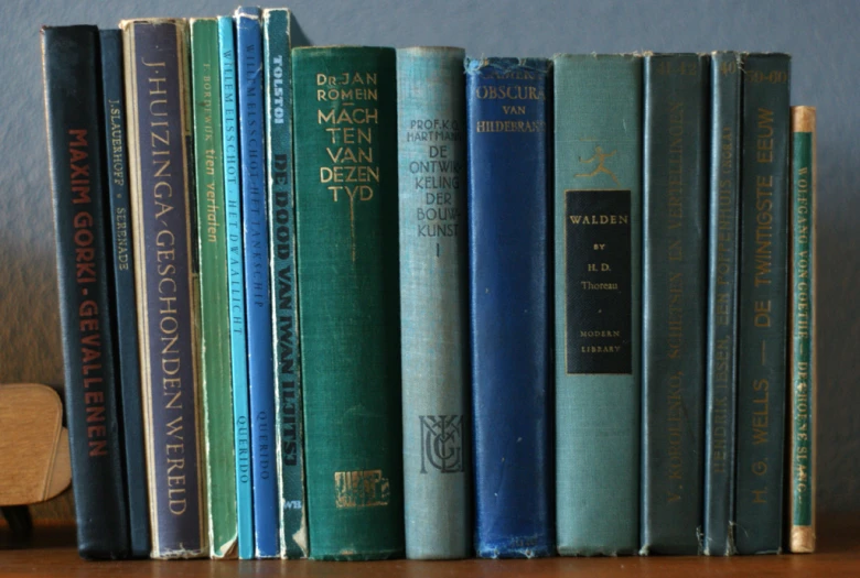 several books are stacked on a wooden desk