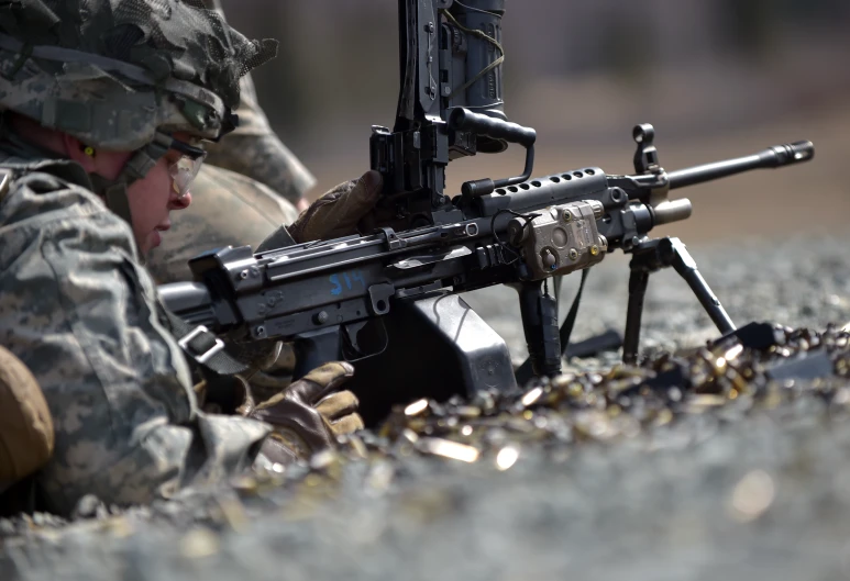 a soldier with a machine gun on the ground