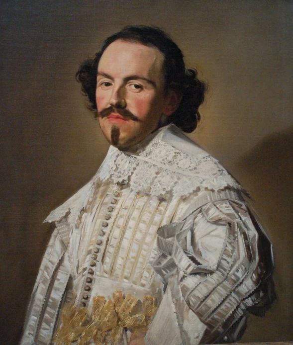 a portrait of a gentleman with a mustache in white with a tattered hand