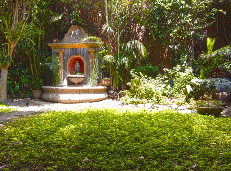 there is an outside space surrounded by trees and plants