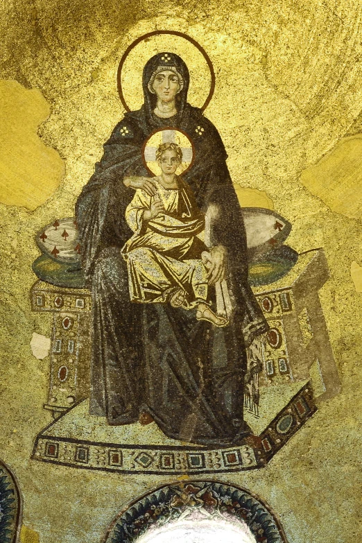 the mosaic on the ceiling depicts mary and baby jesus