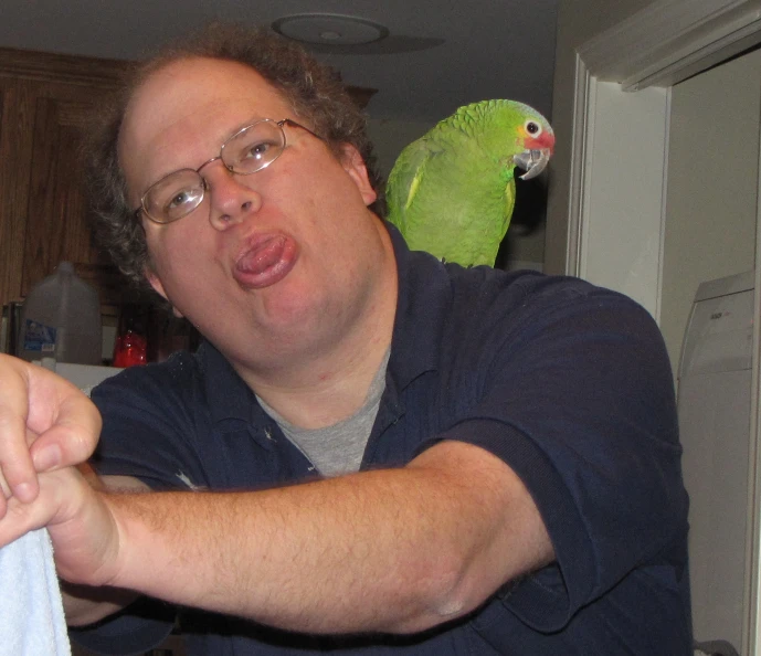 a man holding on to a bird with his arm