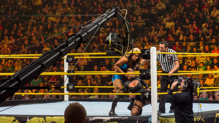 two wrestlers wrestle on the ring during a game