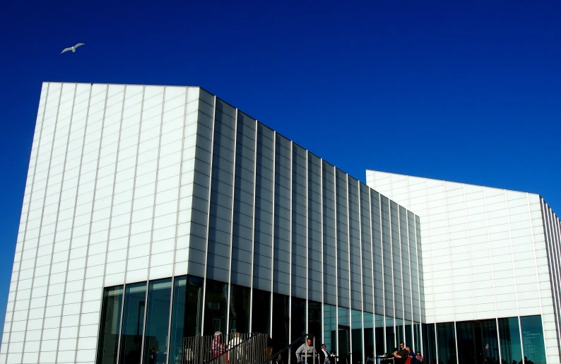 a large white building has a kite flying in the sky