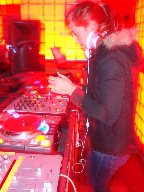 a woman is using her cell phone in front of the decks