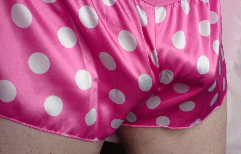 woman's pink polka dot boxer shorts with white dots