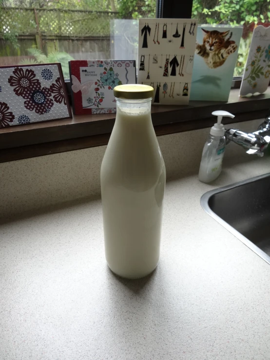 a milk bottle on a kitchen counter in front of a window