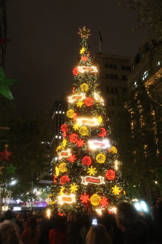 large christmas tree with holiday decorations and other lighting