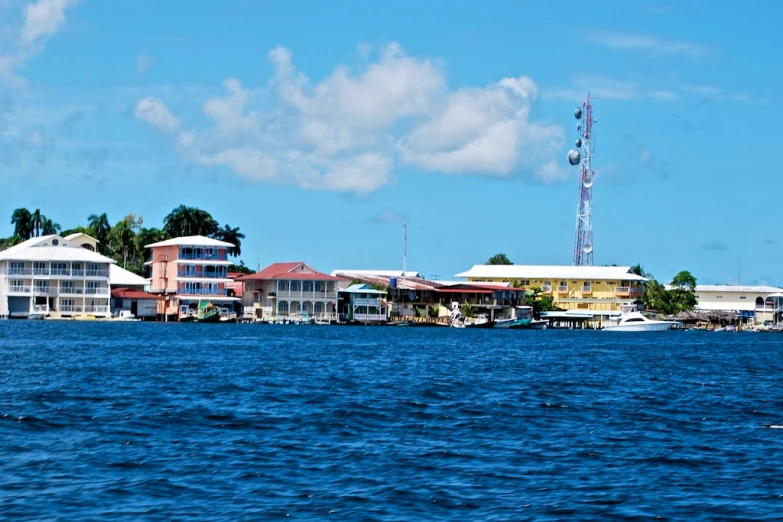 there are buildings across the water from the other side of the shore