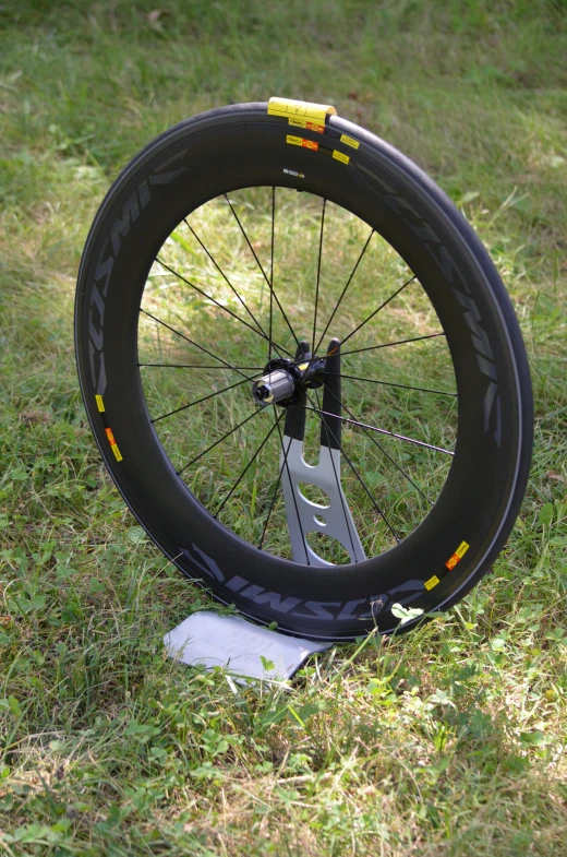 a bicycle tire sitting in the grass near it's forks