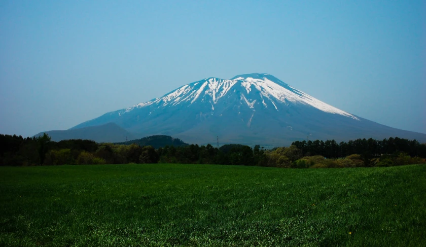 a white snow capped mountain stands in a green field