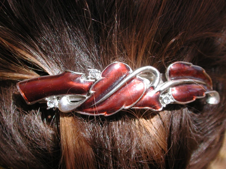 a woman with brown hair wearing a red comb