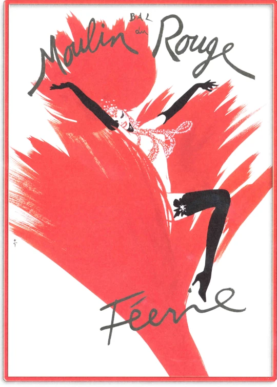 a red poster with a woman wearing black and white