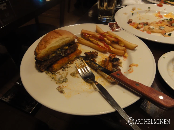 a plate with french fries, a hamburger and some meat